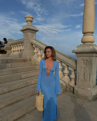Knitted Long Sleeve Deep V-Neck Ring Detail Maxi Dress