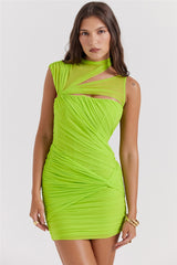 Green Mesh Ruched Neck Cut Out Design Bodycon Mini Dress - Free From Label