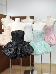 Strapless 3D Flower Appliques Frill Mini Dress