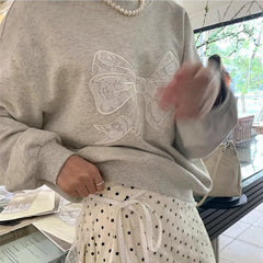 Grey Lace Bow Patchwork Sweatshirt
