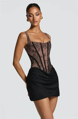 Lace Corset Square Neck Ruched Satin Bodycon Short Dress