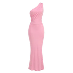 Pink One Shoulder Back Tie Up Maxi Dress