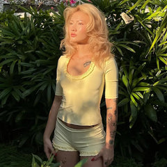 Yellow Ruffled Trim Top And Shorts Set