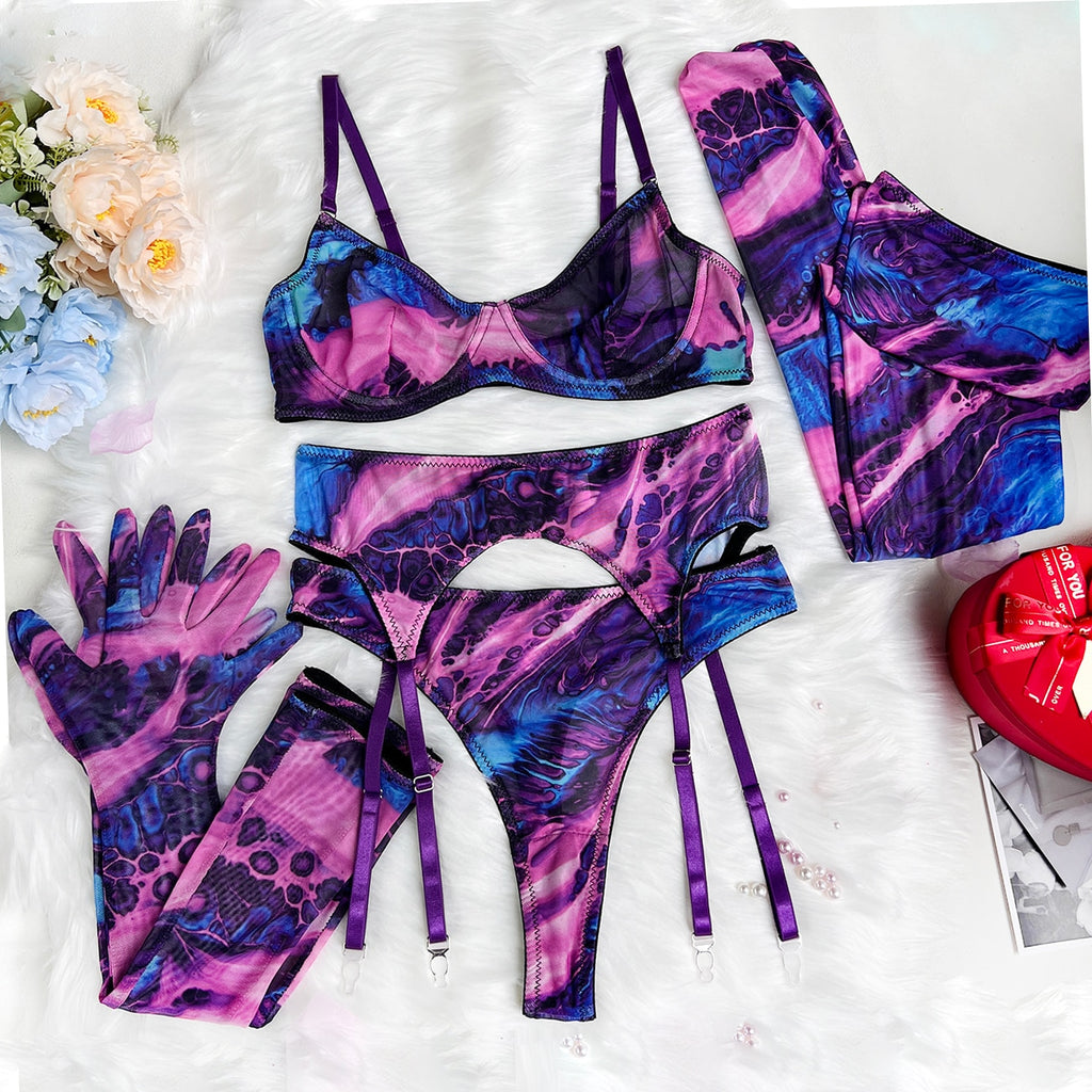 Mesh Printed Tie Dye Lingerie Set With Stocking Sleeve