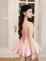 Strapless Lace-up Puffy Ruffles Patchwork Mini Dress