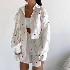 White Linen Printed Shirt And Shorts Set