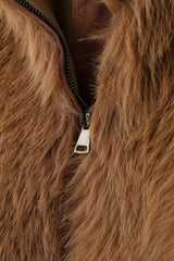 Women's brown fuzzy fur jacket with a turn-down collar.