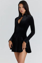 Black Velvet Front Hollow High Neck Long Sleeve Mini Dress