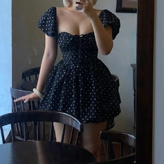 Puff Sleeve Black Polka Dot Corset Style Mini Dress
