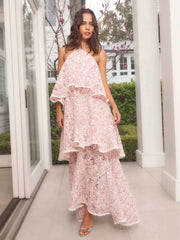 Halter Neck Tiered Ruffle Flower Long Dress