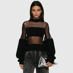 Black Mesh Patchwork Long Sleeve Turtleneck Top