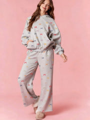 Grey Bow Print Sweatshirt And Wide Leg Sweatpants Set