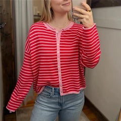 Striped Knit Crew Neck Cardigan