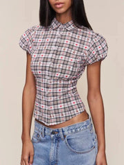 Lapel Puff Sleeve Corset Waist Shirt