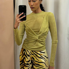 Green Front Twist Long Sleeve Sheer Top
