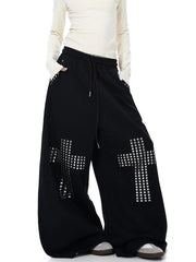 Black Rhinestone Cross Wide Leg Sweatpants
