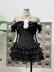 Off-shoulder Frill Rose Corset Top And Polka Dot Ruffle Mini Sirt Set