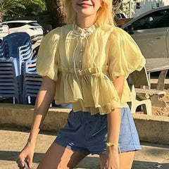 Mesh O Neck Short Sleeve Peplum Crop Top