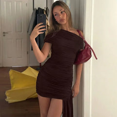 Ribbon Short-Sleeved Slanted Collar Mini Dress