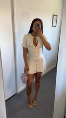 White Knit Short Sleeve Buttoned Mini Dress