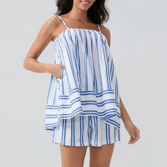 Blue Striped Cami Babydoll Top And Shorts Set