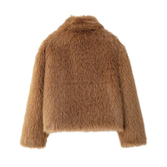 Women's brown fuzzy fur jacket with a turn-down collar.