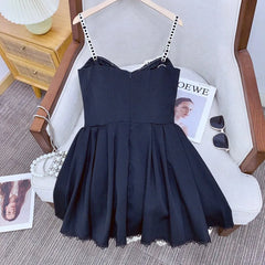 Black Fishbone Lace Trim Mini Dress