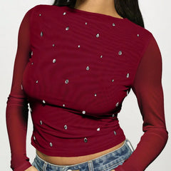 Red Crystal Appliques Long Sleeve Top