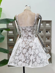 Sheer Lace Square Neck A Line Mini Dress