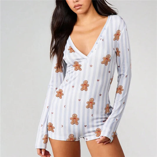Gingerbread Man Bow Striped Long Sleeve Romper Pajama