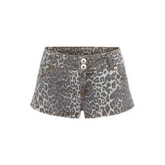 Denim shorts with leopard print pattern 