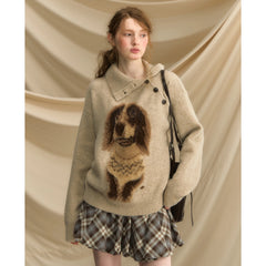 Dog Jacquard Knitted Button-Up Lapel Sweater