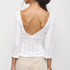Eyelet Textured V-Neck 3/4 Flare Sleeve Top
