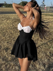 Tie Up Straps Lace Bust Patchwork A-line Mini Dress