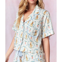 Bunny Carrot Print Button Up Tops And Drawstring Shorts Pajamas Set