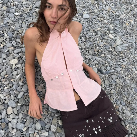 Pink  Stand Collar Button Halter Tank Top