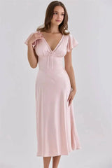 Pink Satin V-Neck Short Sleeve Tie Up Midi Dress