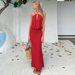 Red Halter Neck O‑Ring Maxi Dress