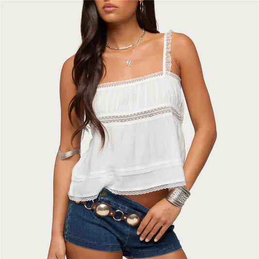 White Lace Trim Square Neck Tank Top