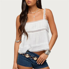 White Lace Trim Square Neck Tank Top