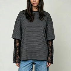 Striped Mock Lace Long Sleeve Underlayer T-shirt