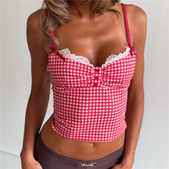 Gingham  Lace Sweetheart Neck Cropped Cami Top