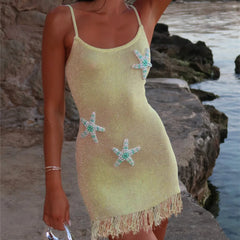 Yellow Knit Fringe Trim Mini Beaded Starfish Dress