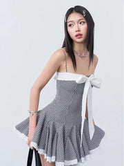 Black Plaid Bow Lace Trim A-line Mini Dress