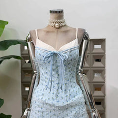 Floral Corset Strap Bow Corset And Mesh Overlay Mini Skirt Set