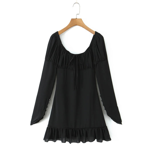 Long Sleeve Square Neck Ruched Bust Mini Dress