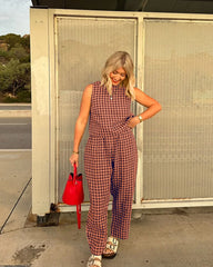 Printed Plaid Sleeveless Vest And Wide Pants Set