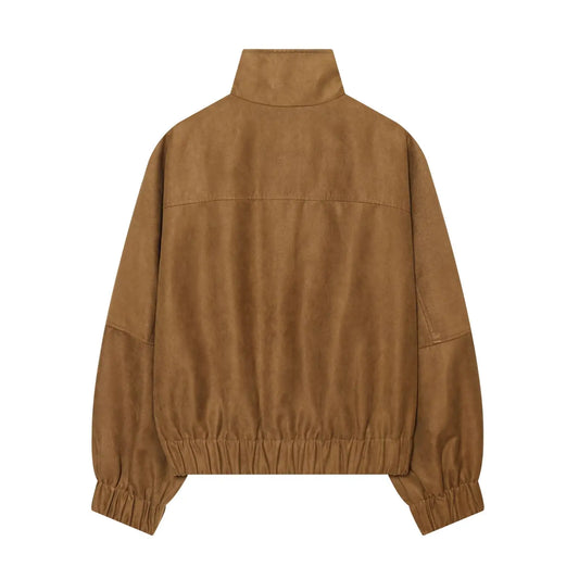 Faux Suede Floral Embroidery Stand Collar Zip‑Up Bomber Jacket