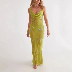 Sequin Embroidery Cowl Long Dress