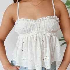 Eyelet Embroidery Spaghetti Strap Peplum Top